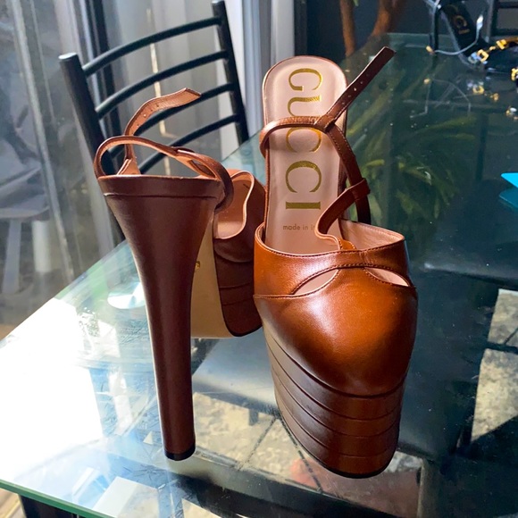 Brown leather platforms tall high heels - Picture 1 of 2